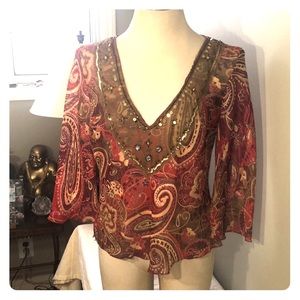 Daisy Fuentes Casbah inspired Blouse Sheer Boho glitzy M